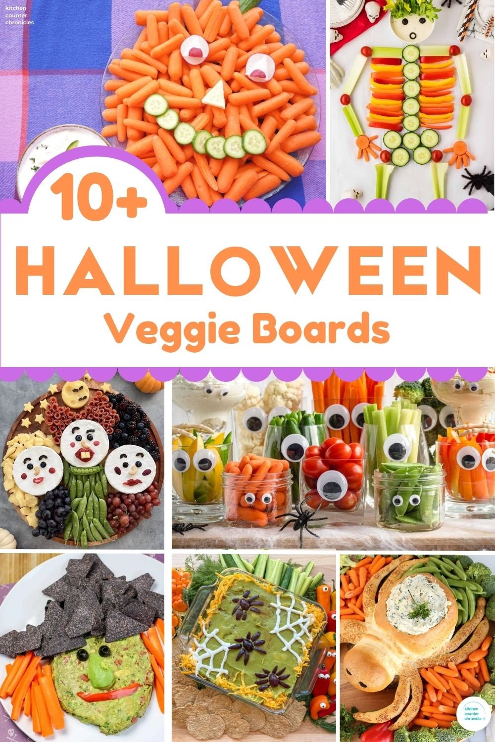 collage of Halloween veggie tray ideas - vegetable witches, skeletons and more