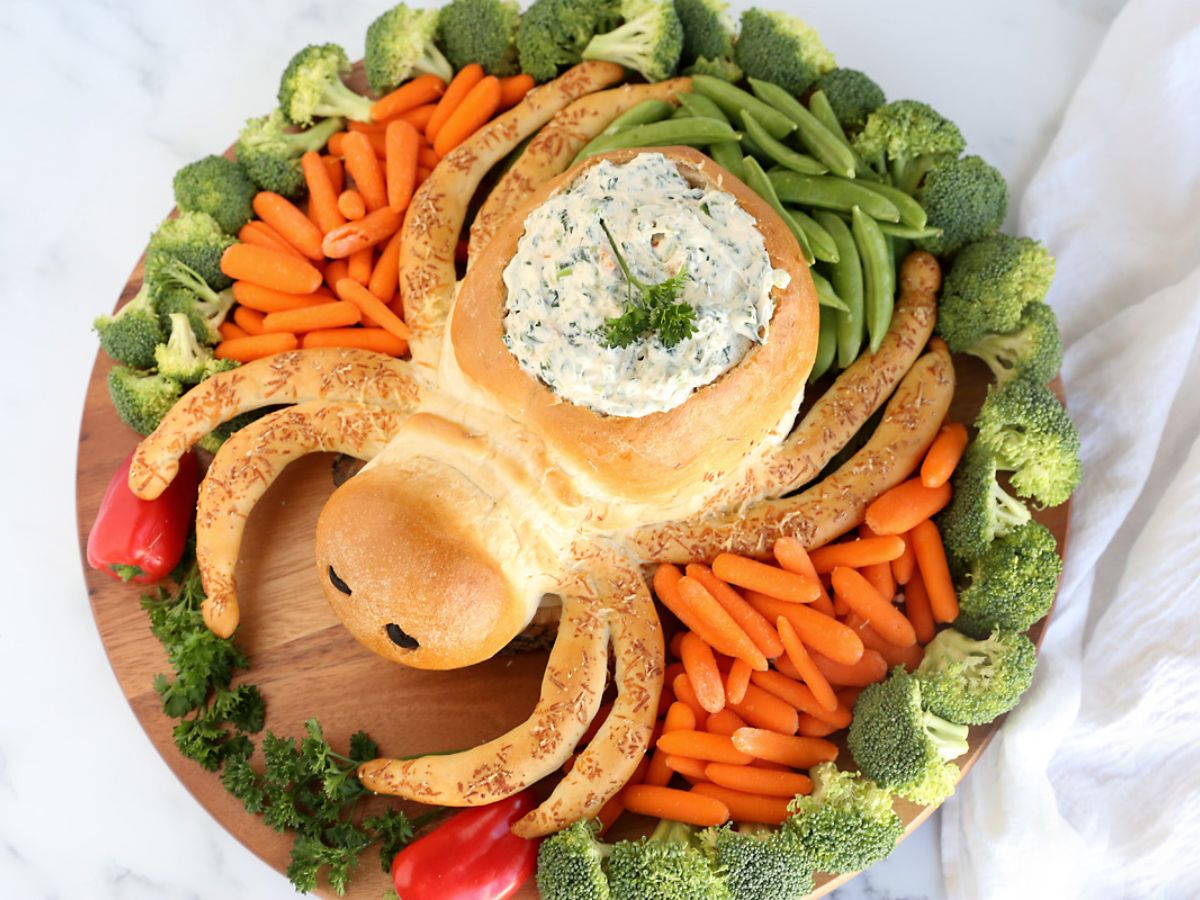 diy spider bread bowl halloween veggie platter