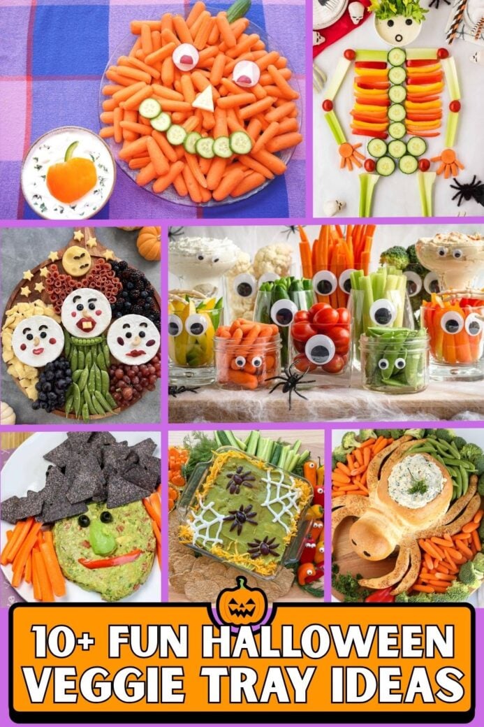 new pin with collage of fun halloween veggie trays
