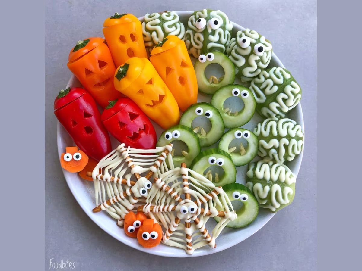 pretzel spider web surrounded by Halloween vegetables