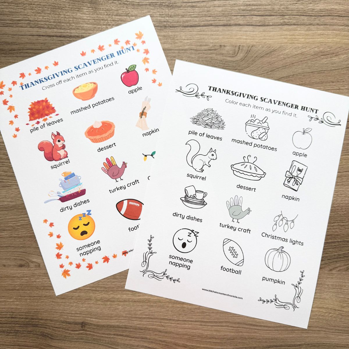 2 sheets of thanksgiving scavenger hunts printed on paper and on a table top