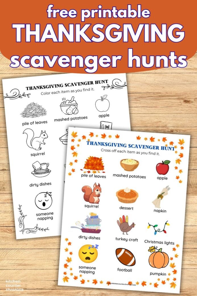 free printable THANKSGIVING scavenger hunts - one to color and one in color