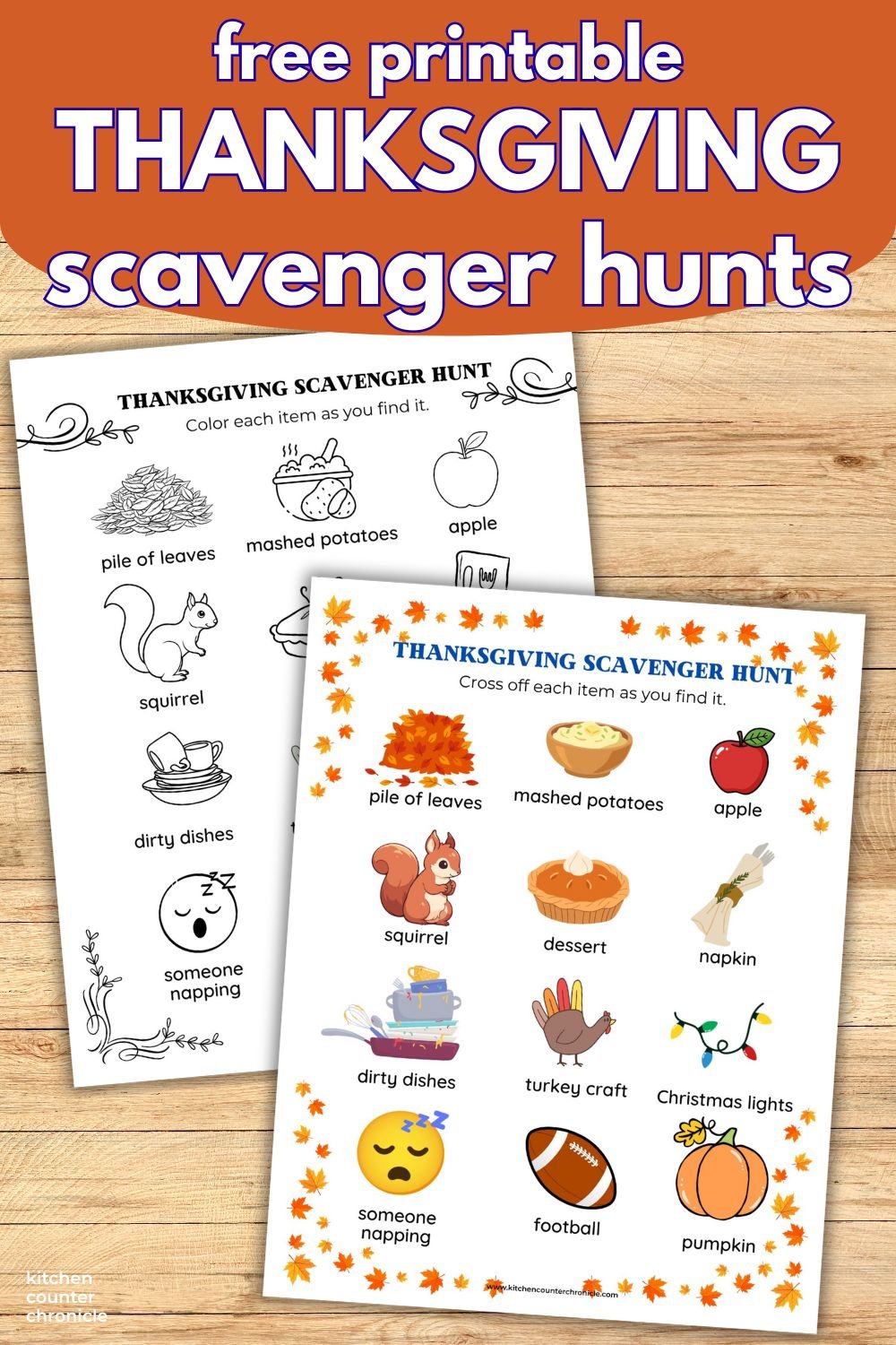 free printable THANKSGIVING scavenger hunts - one to color and one in color