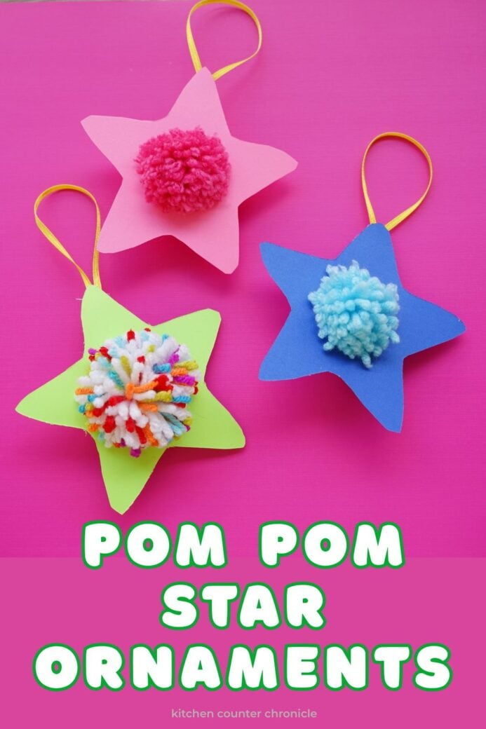how to make pom pom star ornaments 3 ornaments on pink background