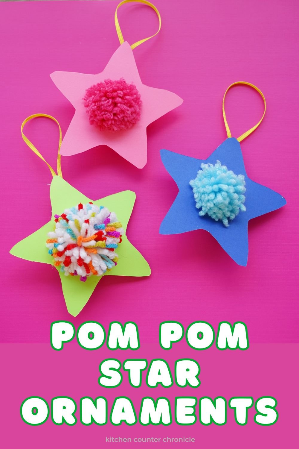 how to make pom pom star ornaments 3 ornaments on pink background
