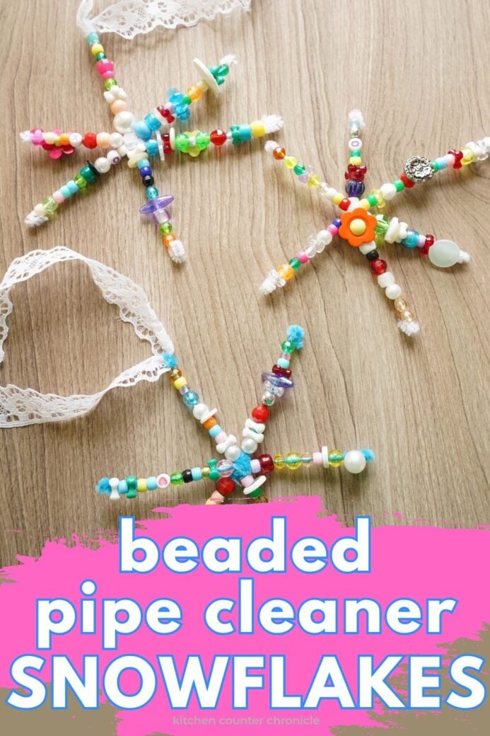 3 beaded pipe cleaner snowflakes with title