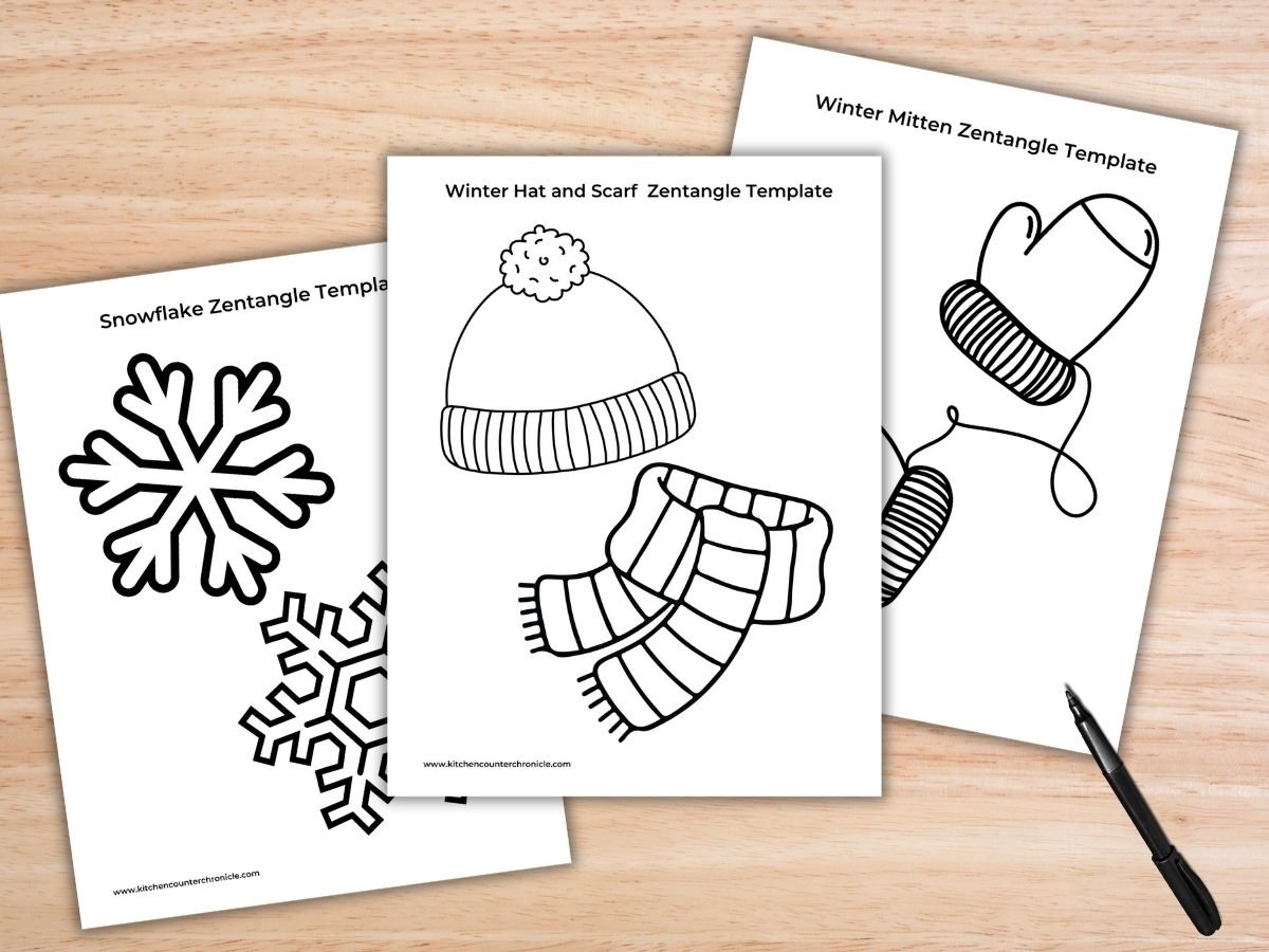 3 printable winter coloring pages - mittens, snowflakes and hat and scarf