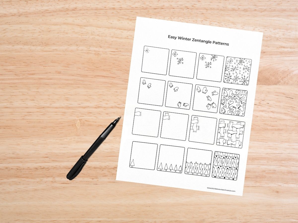 print out of easy winter doodle patterns on paper beside black pen