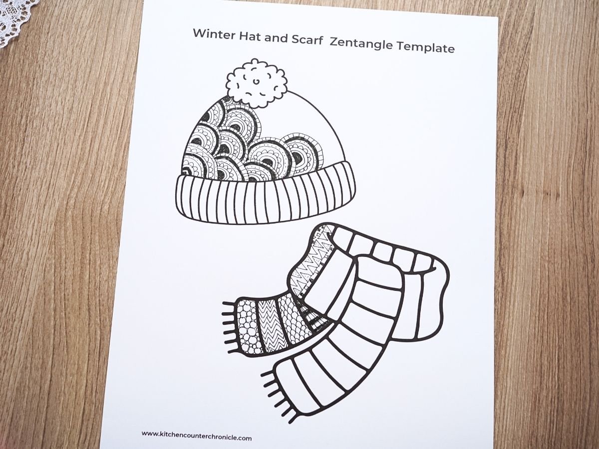 winter hat filled with zentangle doodle and winter scarf filled with winter zentangle designs