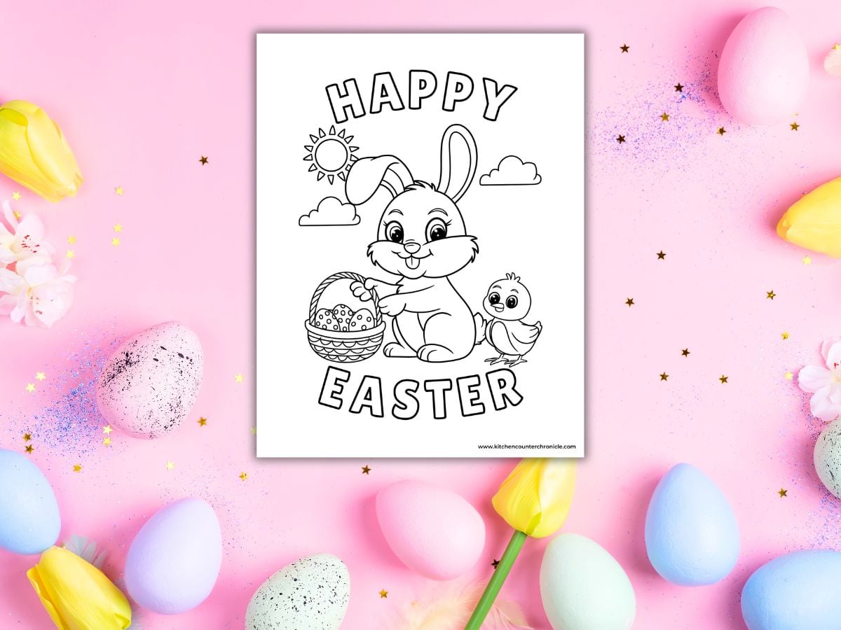 printed sheet of a classic easter bunny with chick coloring sheet for kids and adults on pink background