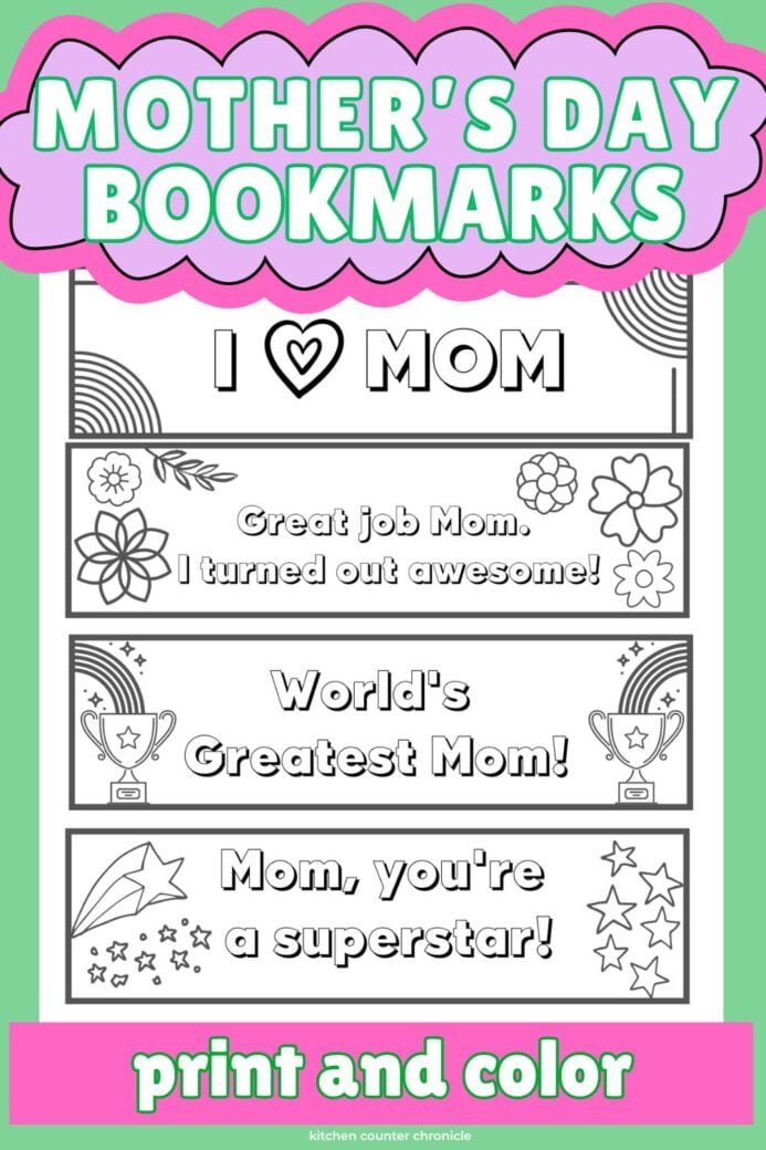sheet of printable mother's day bookmarks to color