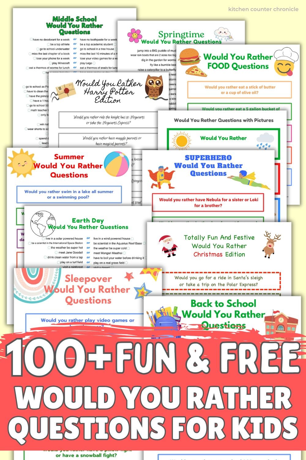 collage of printable fun and free would you rather questions sheets for kids