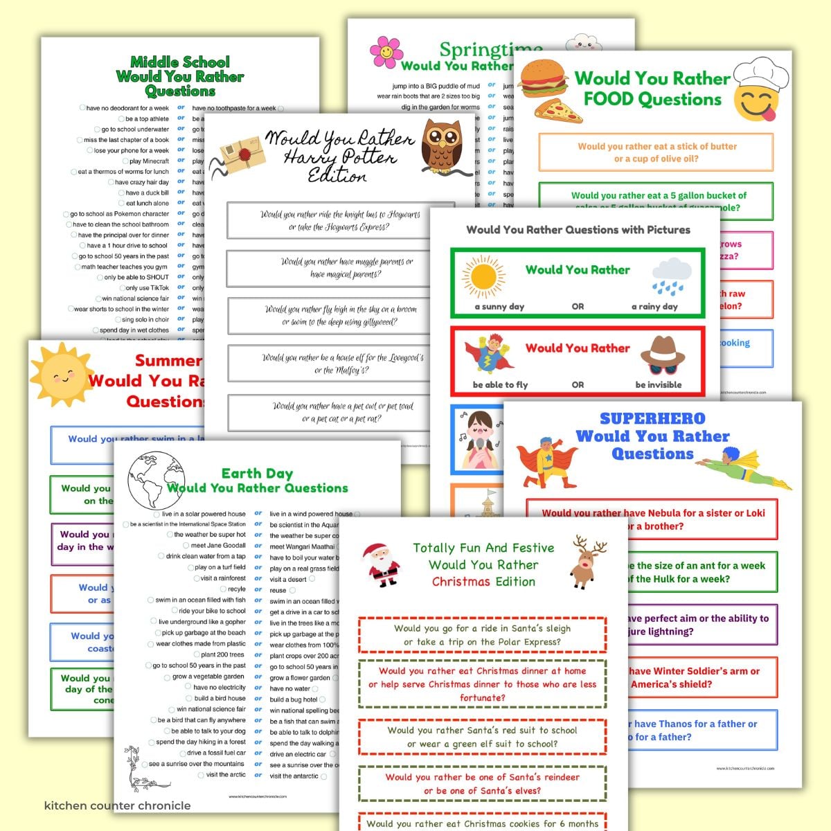 collage of printable would you rather questions sheets