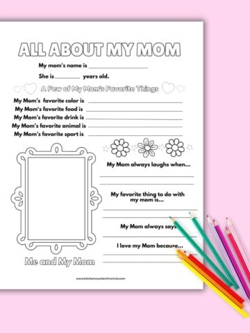 featured image for an all about mom mother's day printable sheet for kids