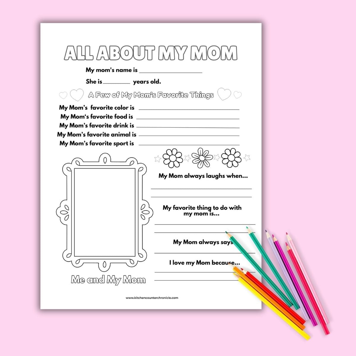 featured image for an all about mom mother's day printable sheet for kids