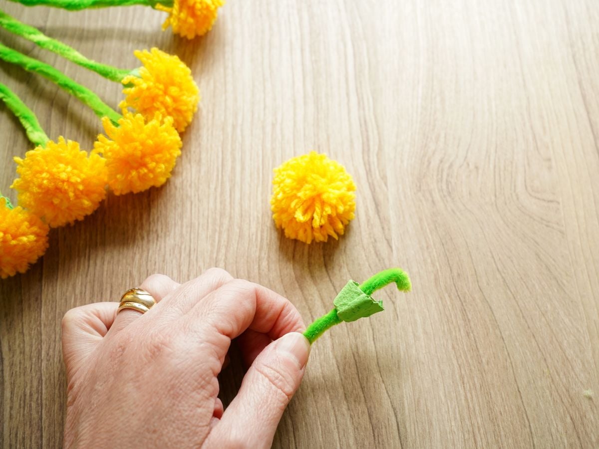 pipe cleaner flower stem folded and inside egg carton flower bulb