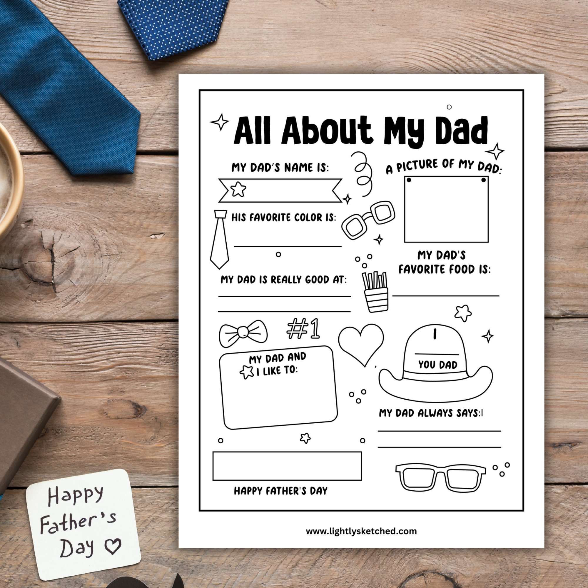 print out of all about Dad worksheet sitting on wooden table