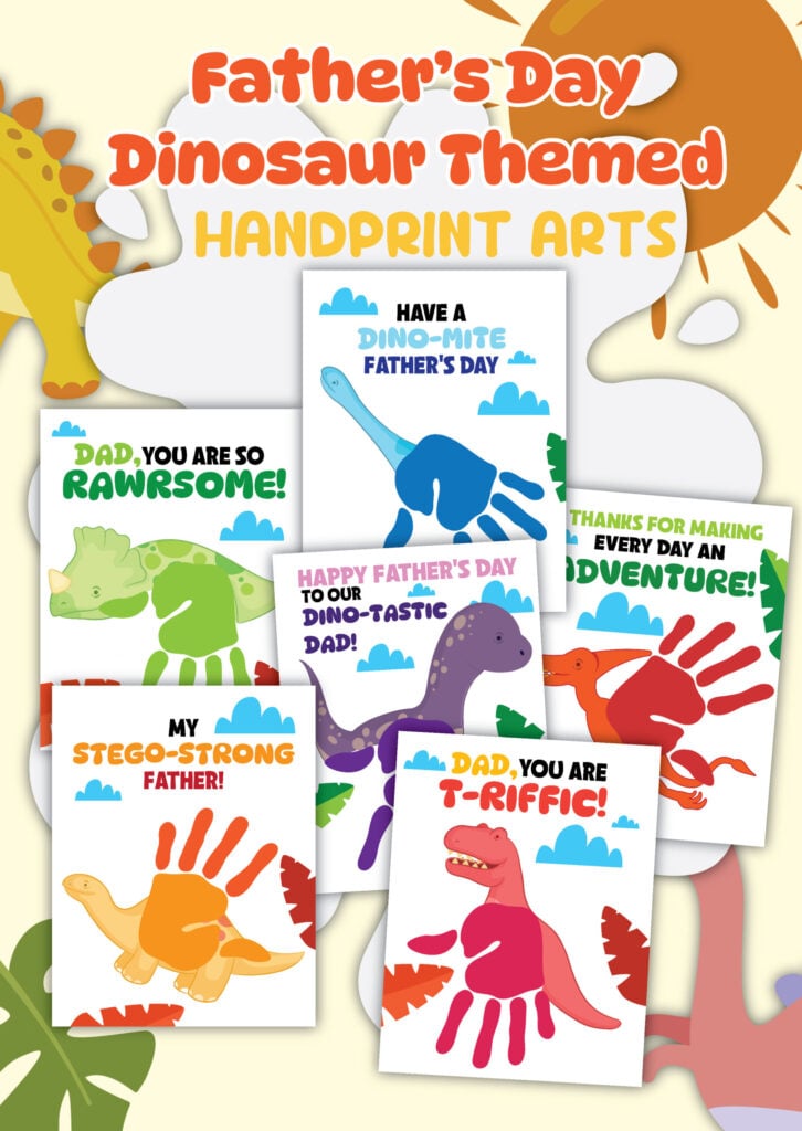 collage of dinosaur themed handprint cards for Dad
