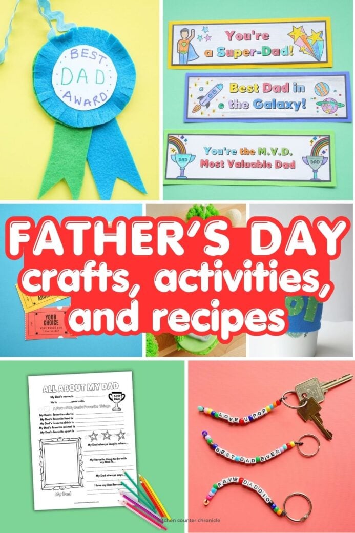 collage of father's day crafts, activities and recipes for Dad