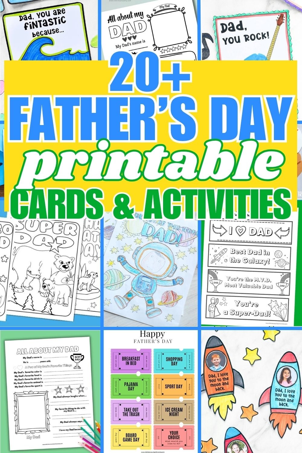 collage of father's day printable cards and activities for kids to make pin