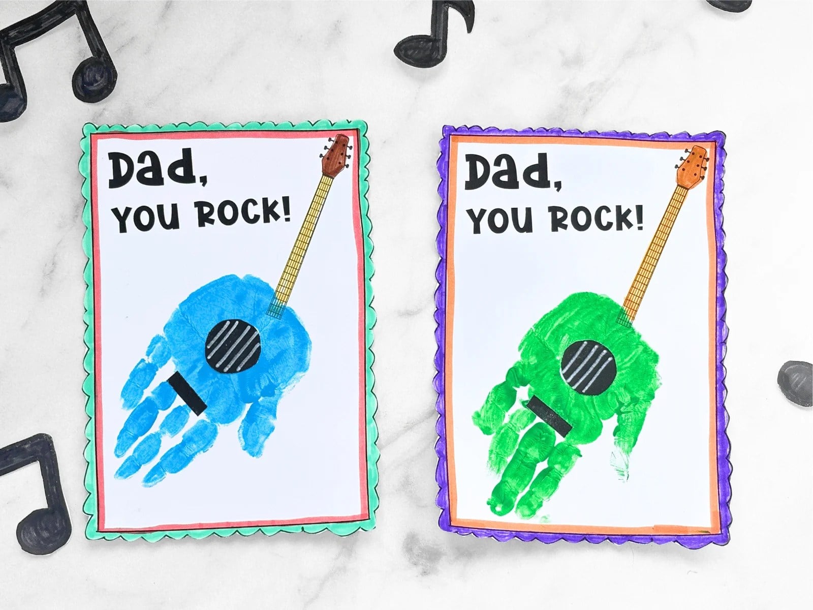 2 handprint guitar father's day cards to print