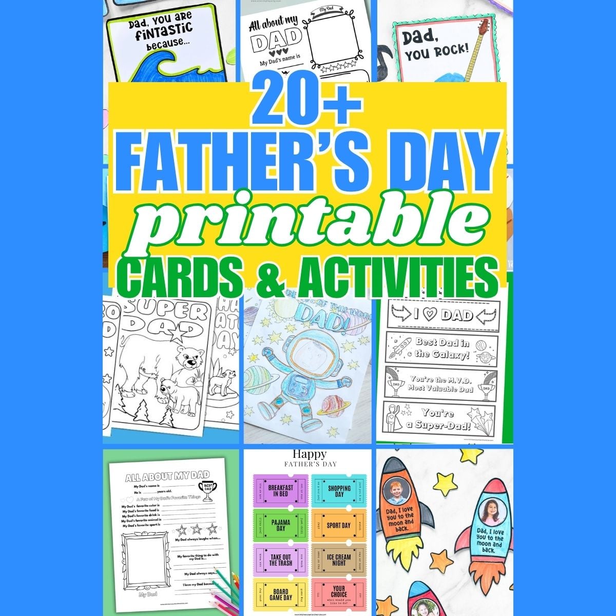 father's day printable cards and activities for kids collage for featured image