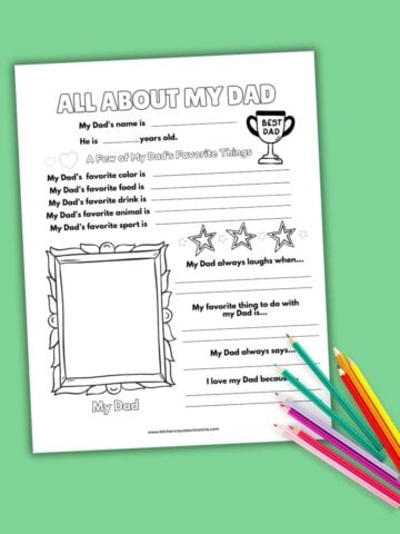 featured image for all about my dad father's day printable worksheet