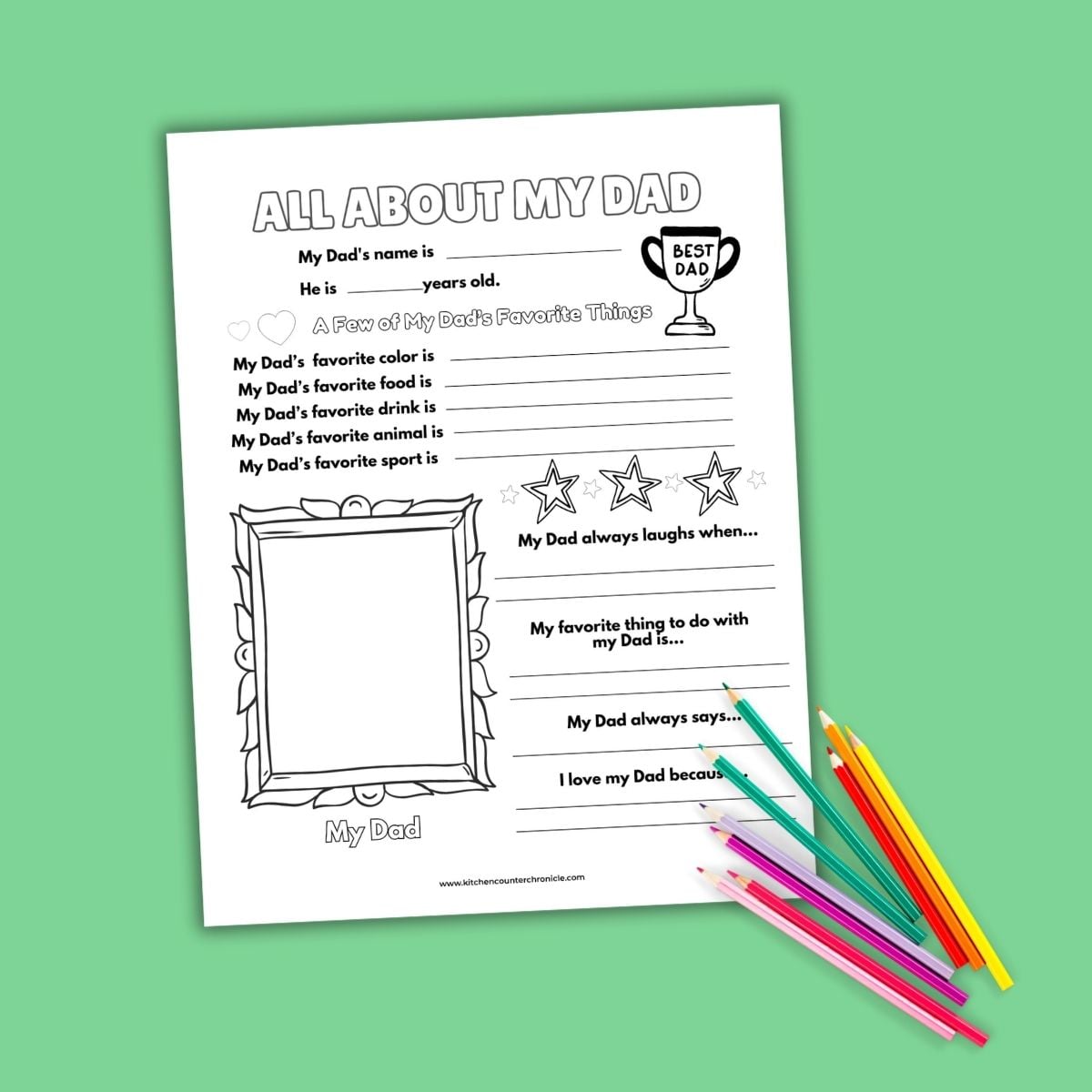 featured image for all about my dad father's day printable worksheet