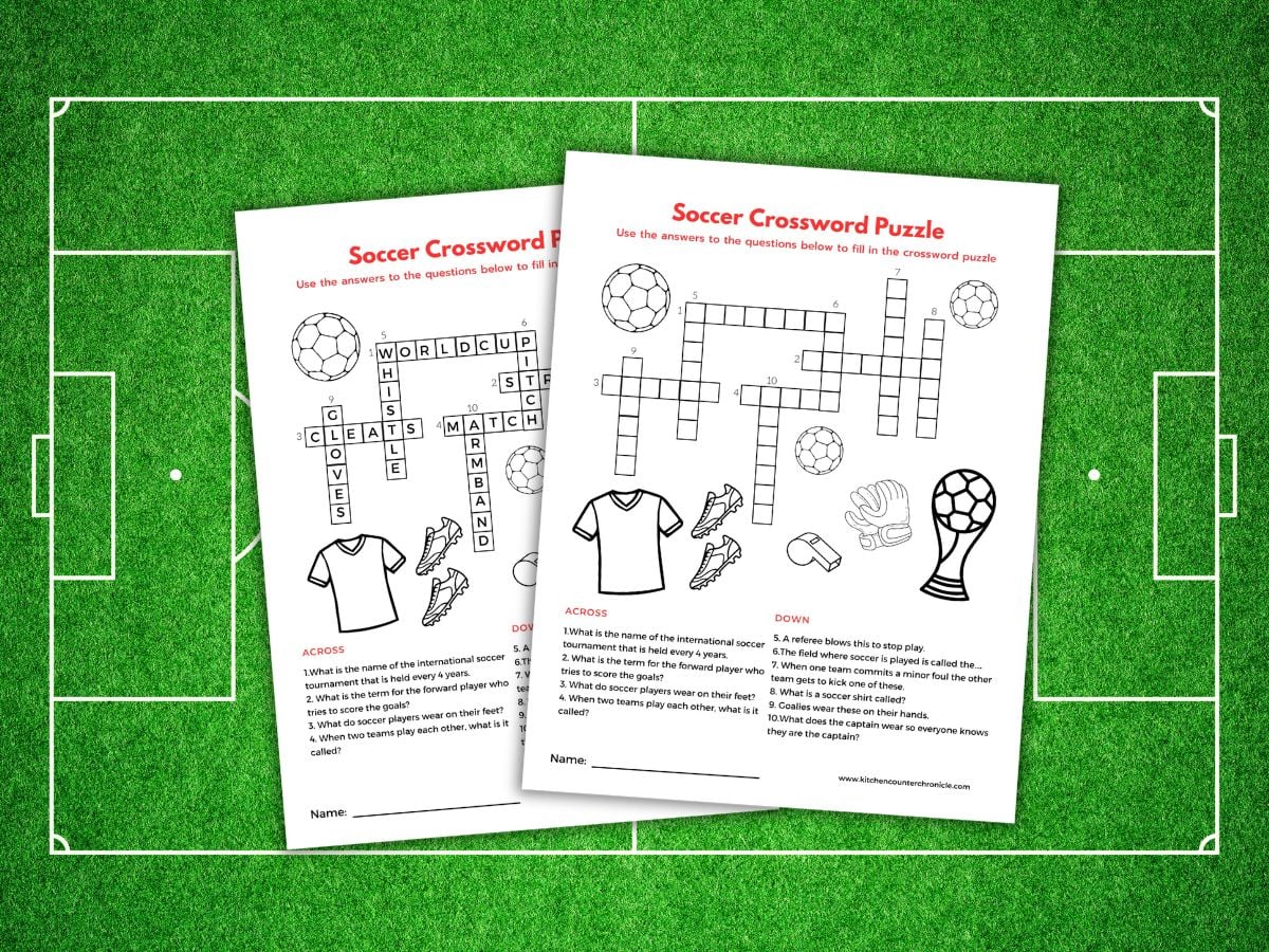 2 print outs of soccer themed crossword puzzles on a background of a soccer pitch