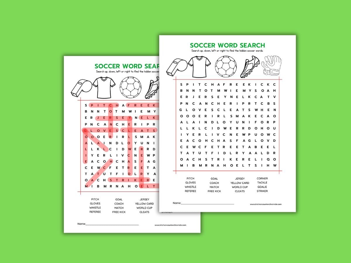 2 printed sheets of soccer word search game and answer sheets on green background