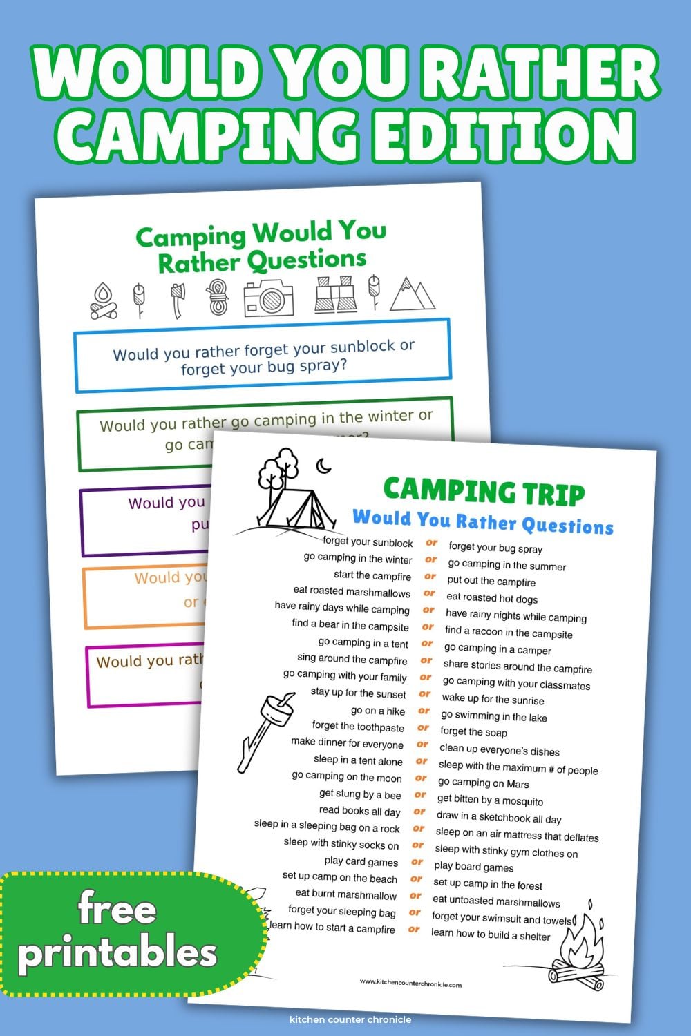 2 versions of would you rather camping edition for kids free printable pin