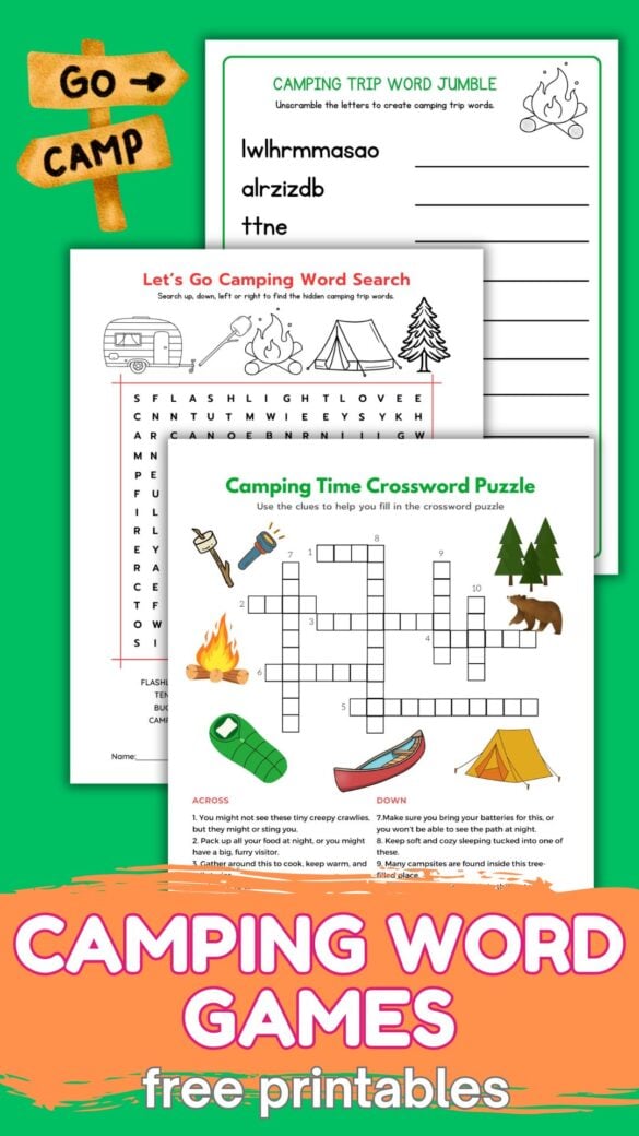 3 camping word games for kids to play word search, crossword puzzle, and word jumble