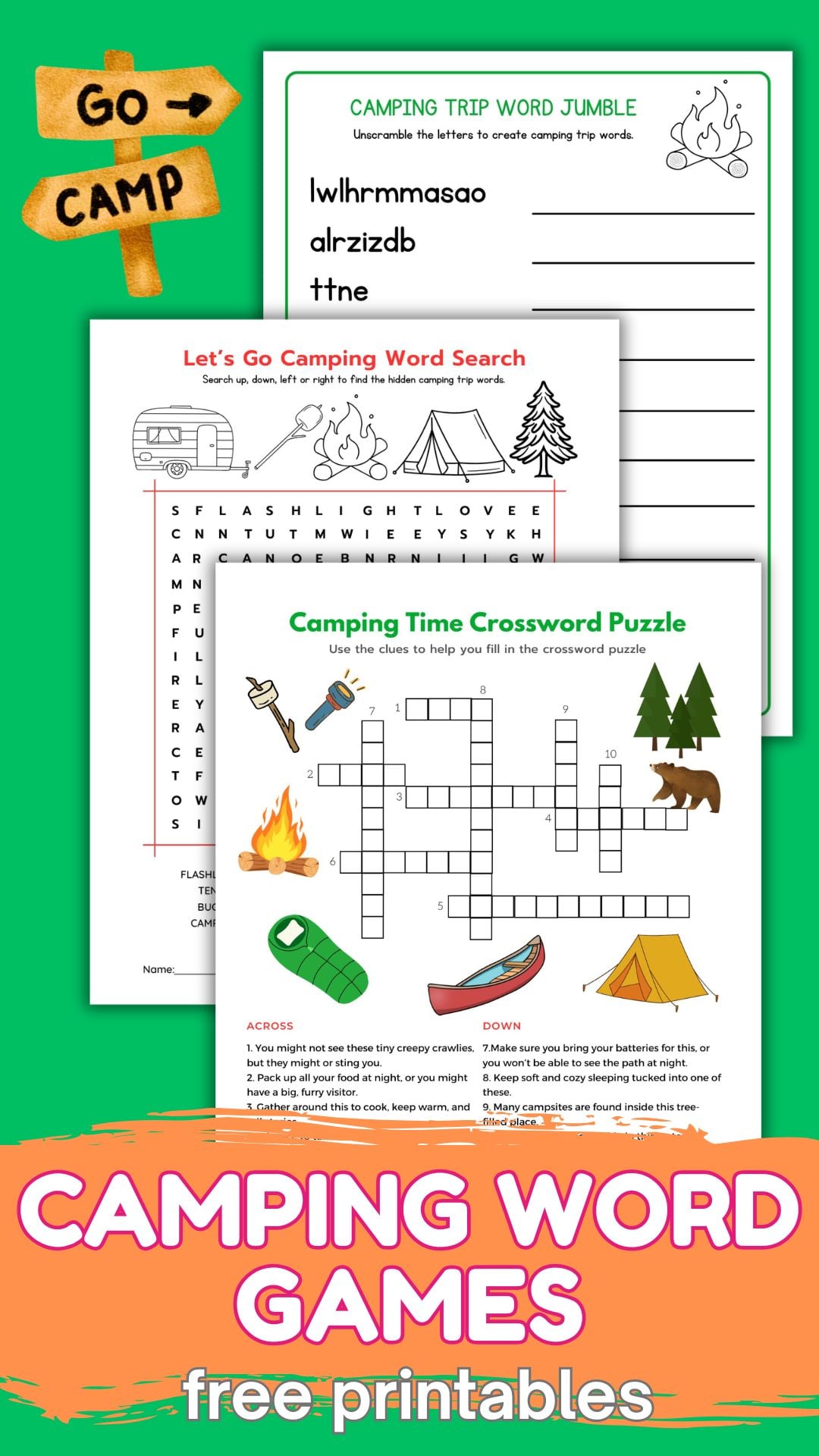 3 camping word games for kids to play word search, crossword puzzle, and word jumble