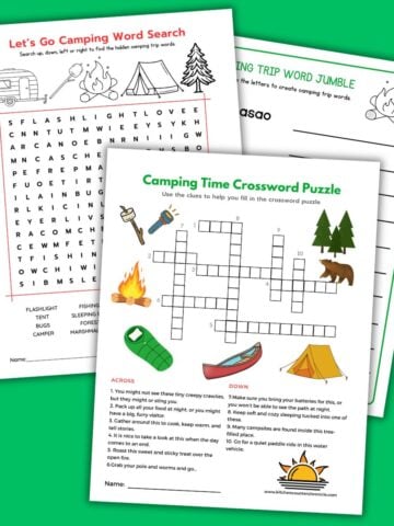 3 printable camping word games - camping word search, camping word jumble and camping crossword puzzle games