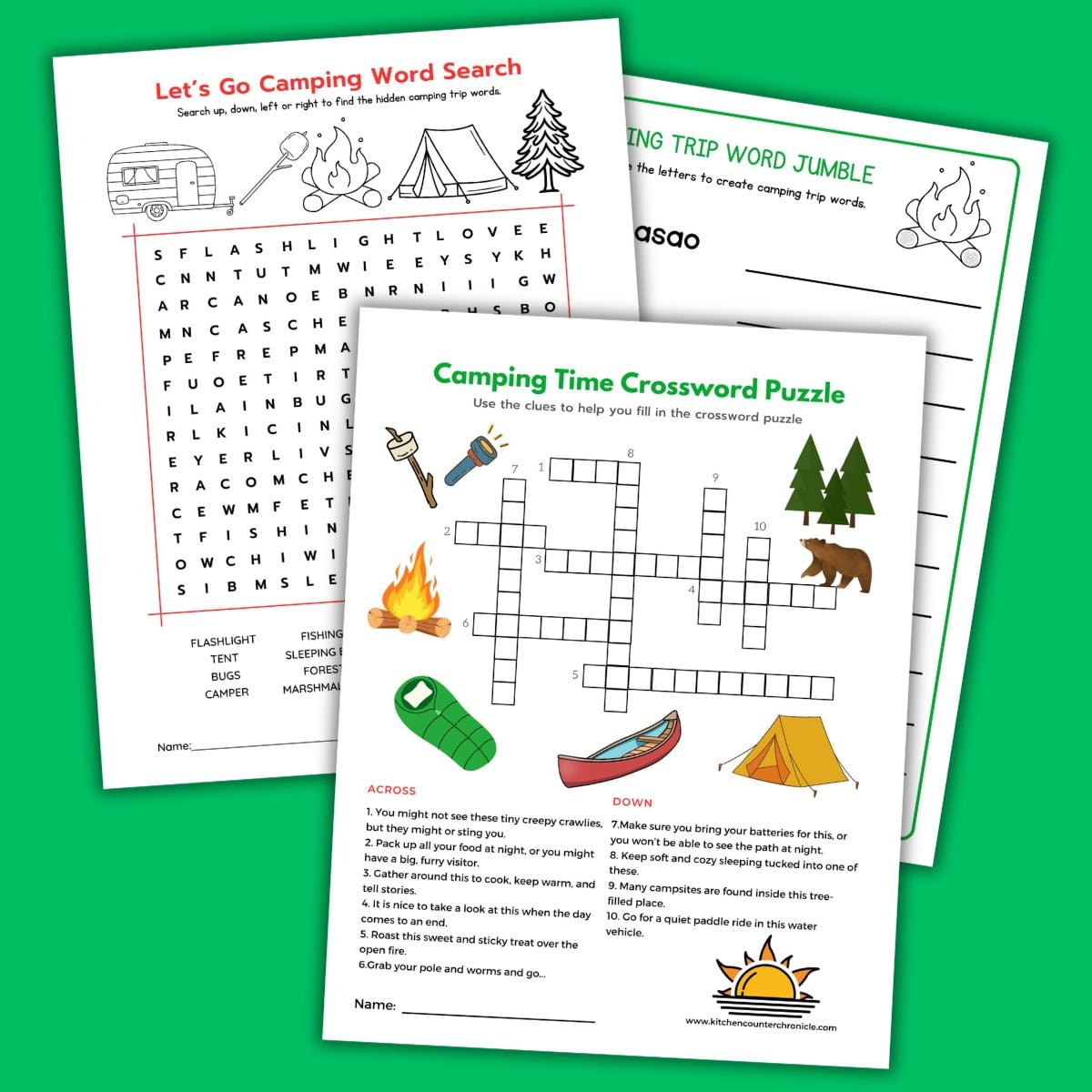 3 printable camping word games - camping word search, camping word jumble and camping crossword puzzle games