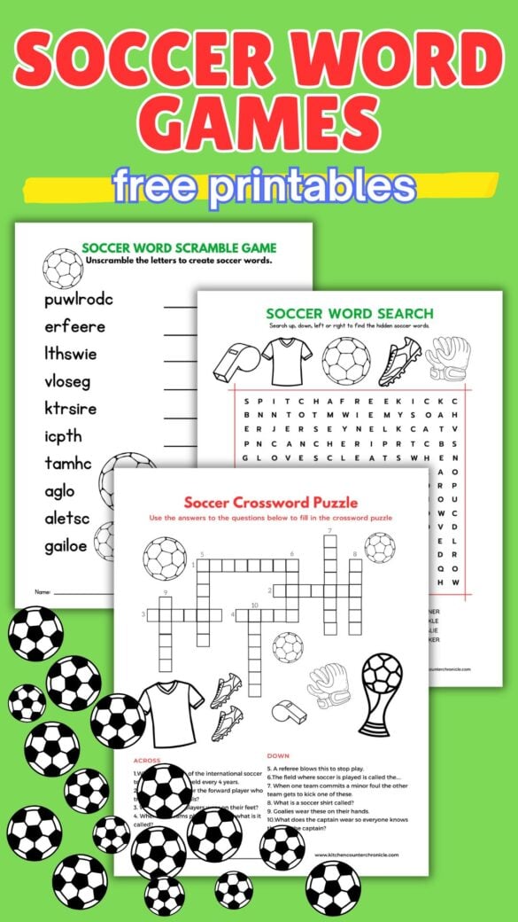3 printable soccer games - soccer crossword puzzle, soccer word search, and soccer word jumble pin