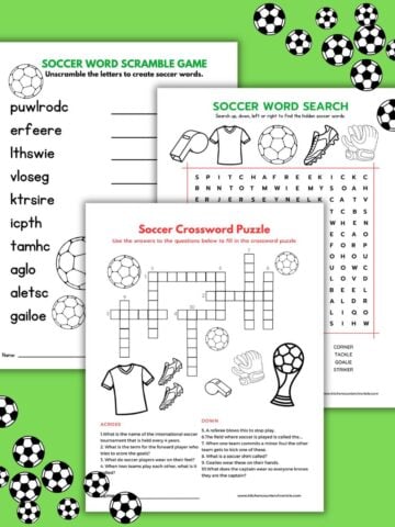 3 soccer word games printed out and surrounded by soccer balls