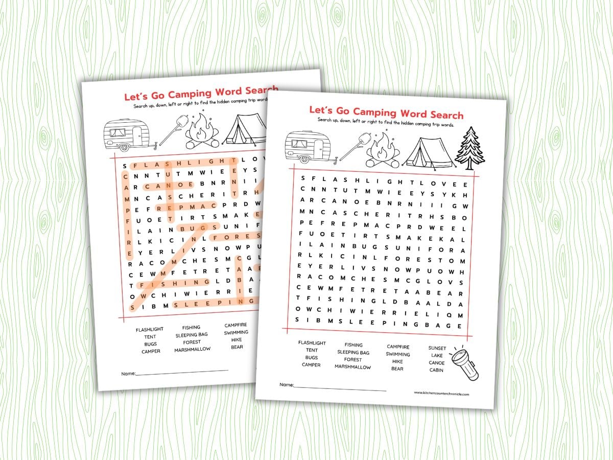 image of print outs of let's go camping word search and word search answer sheet (1)