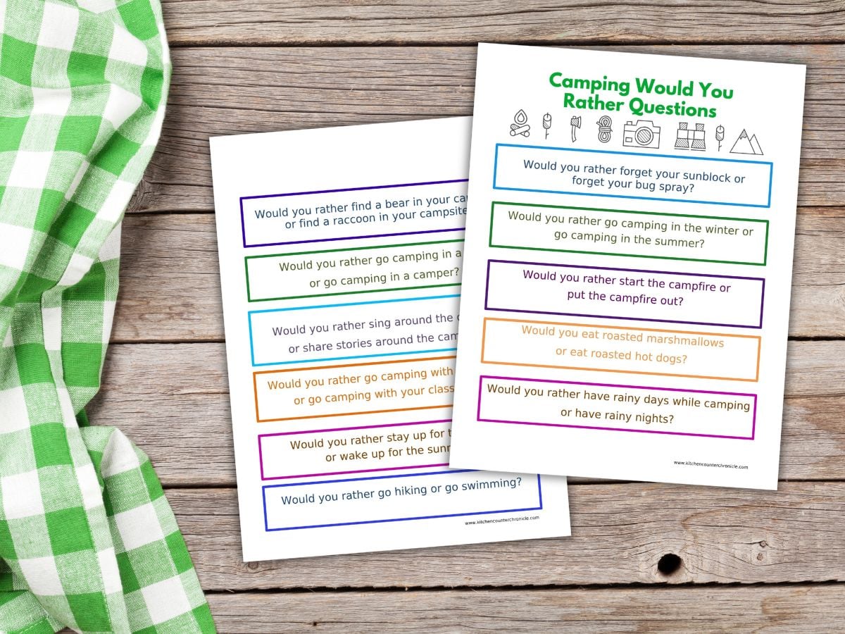 print out of 2 pages of camping would you rather question cards on picnic table top