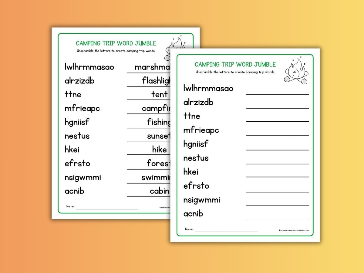 print out of camping trip game word jumble for kids