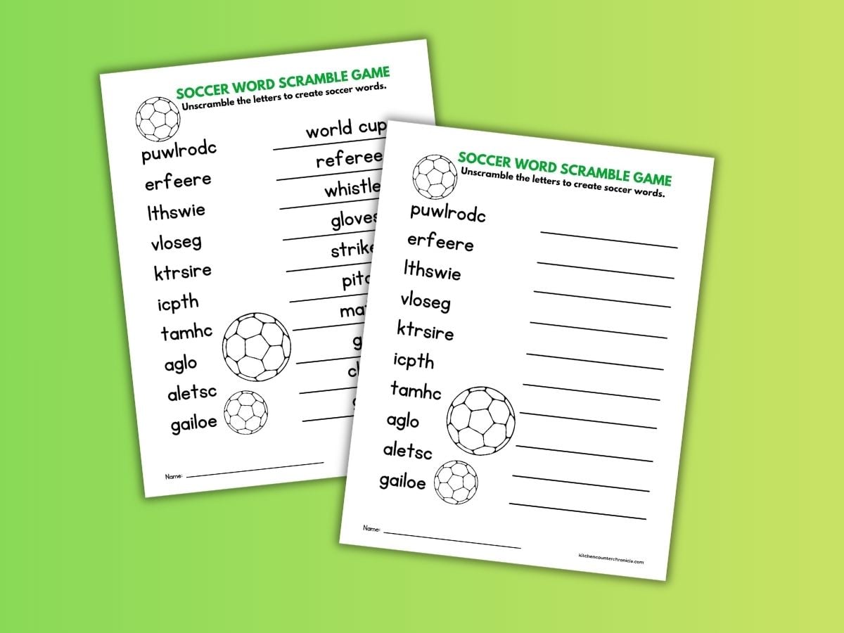 print out of soccer word jumble game and soccer word jumble answer sheet