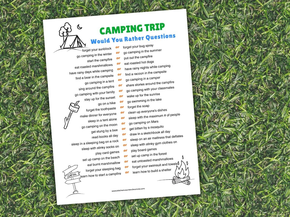 print out of would you rather camping questions for kids and families with grassy background