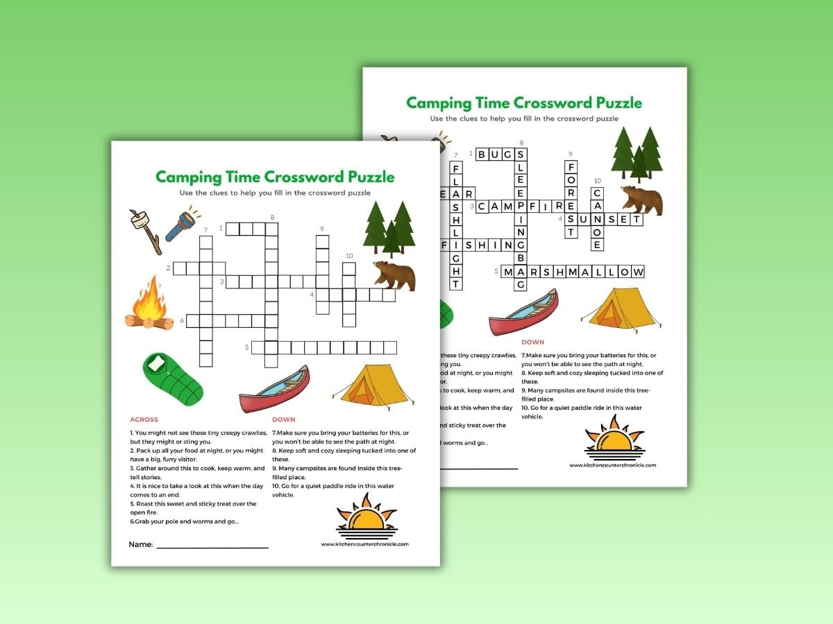 two sheets of printable camping time crossword puzzle and crossword puzzle answer sheet