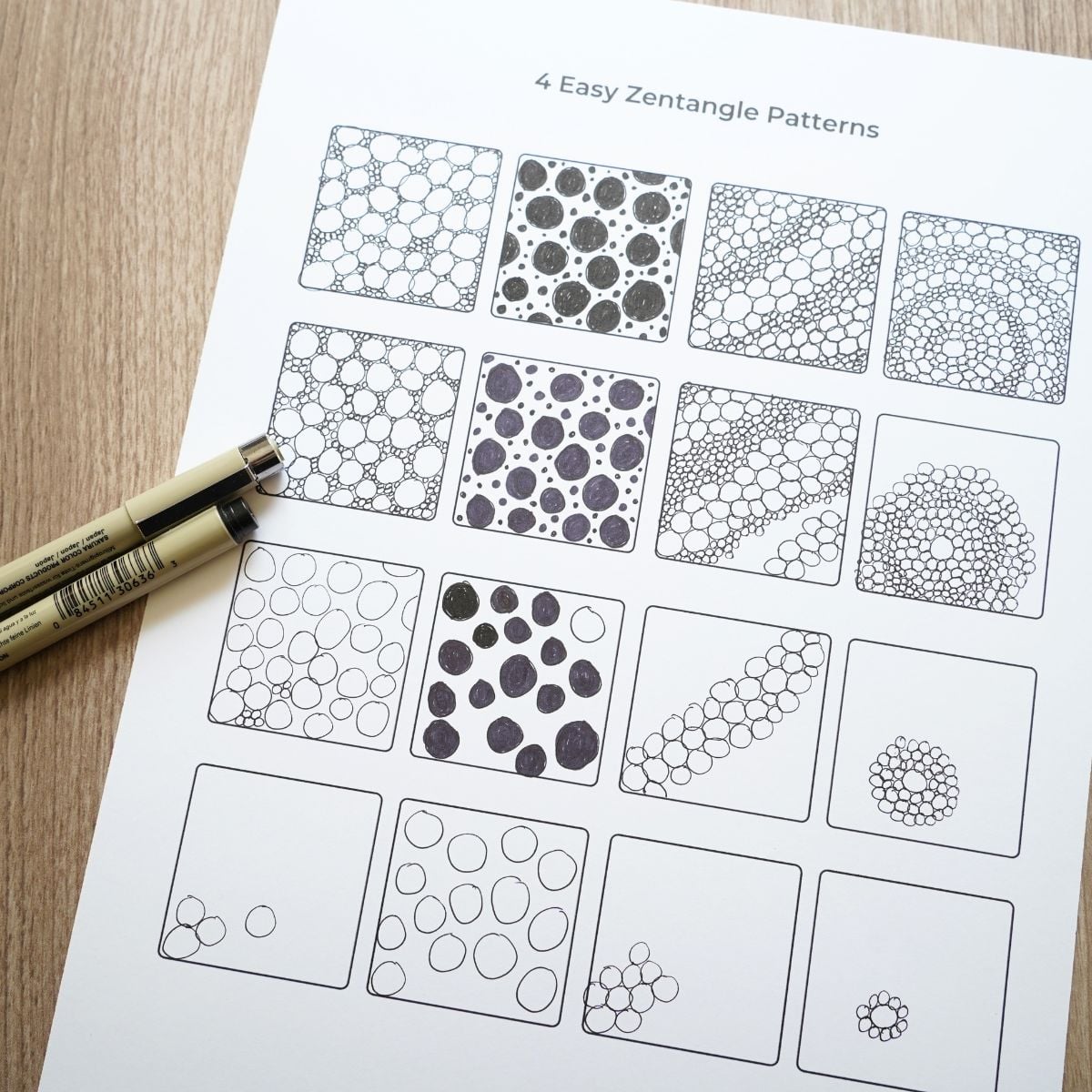 four easy circle and dot doodle patterns printable with two black pens