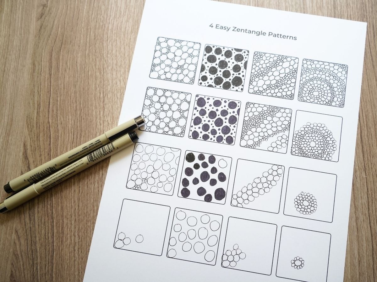 image of a print out of step by step instructions for four easy circle and dot zentangle inspired patterns