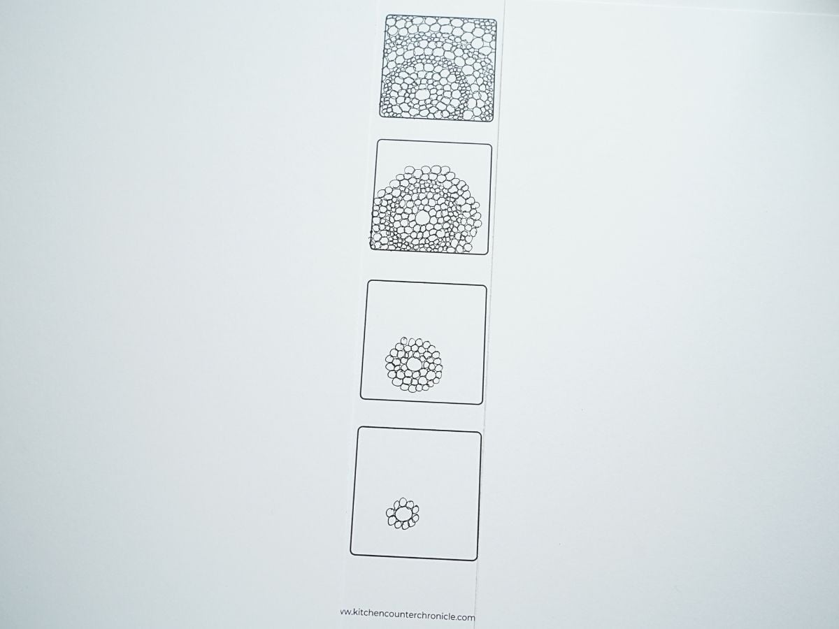 step-by-step pictures of drawing a radiating circle zentangle pattern with black pen
