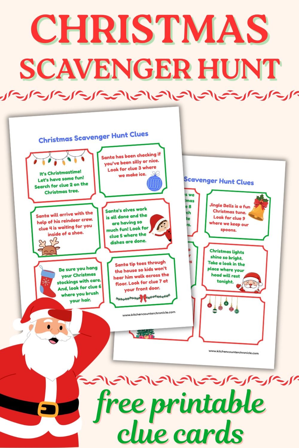 christmas scavenger hunt pin image with santa searching for clues