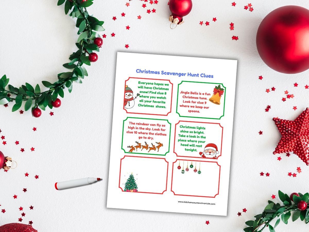 printed sheet of scavenger hunt clue cards that are blank and can be filled in with red marker
